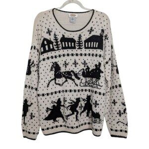 Talbots Hand Knit Winter Scene Sweater Womens Size Medium White Vintage Sleigh